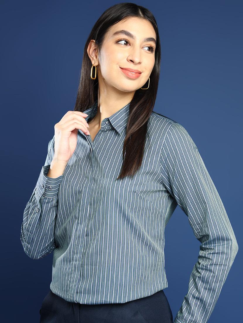 women striped collared long sleeve shirt - 22038869 -  Standard Image - 1