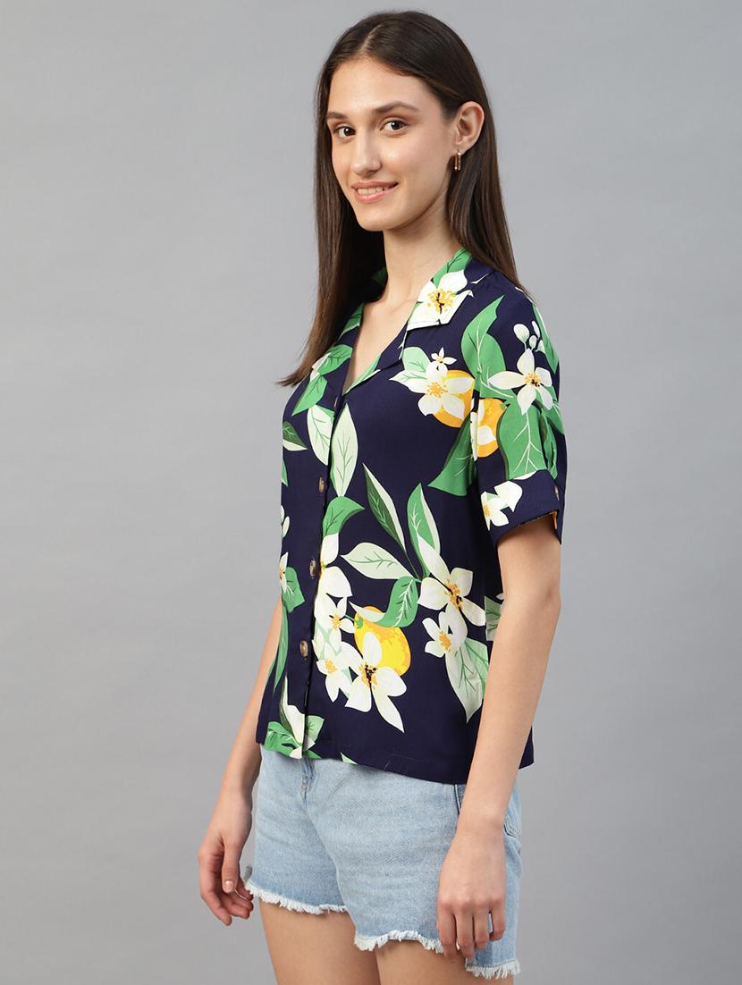 women printed cuban collared long sleeve shirt - 22038870 - Standard Image - 1