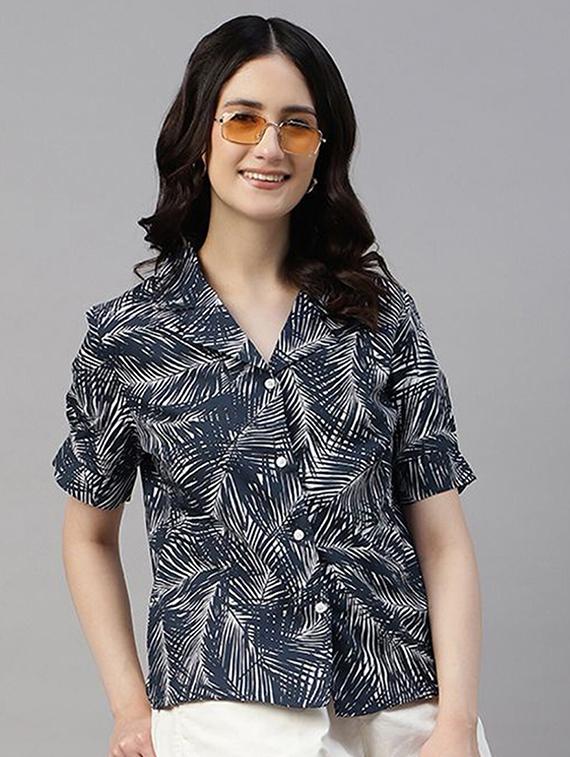 women printed cuban collared short sleeve shirt - 22038874 - Standard Image - 1