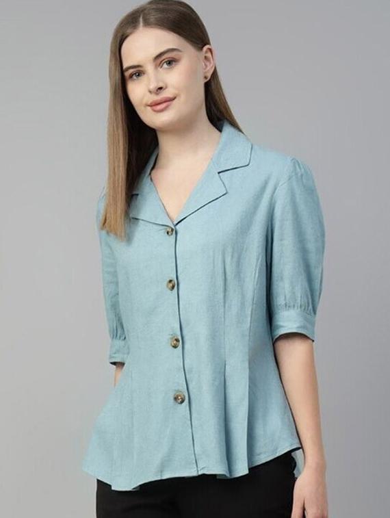 women solid lape collar puff sleeve shirt - 22038875 -  Zoom Image - 0