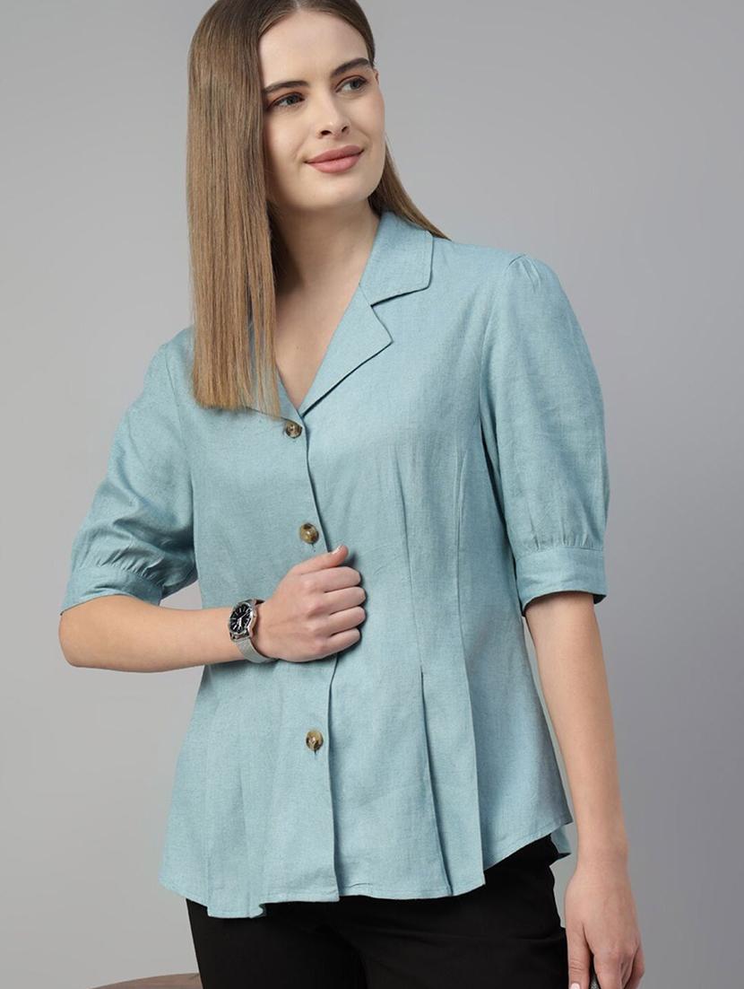 women solid lape collar puff sleeve shirt - 22038875 -  Standard Image - 1