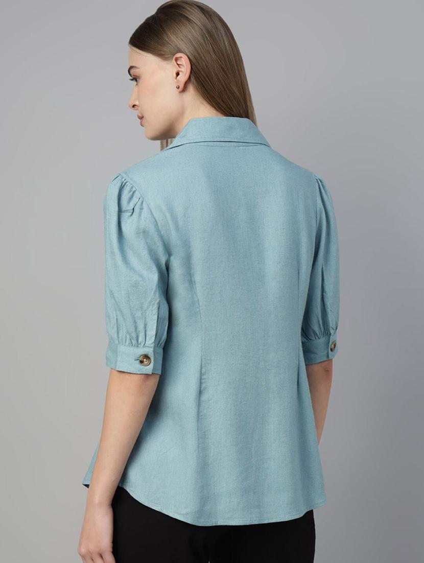 women solid lape collar puff sleeve shirt - 22038875 - Standard Image - 4