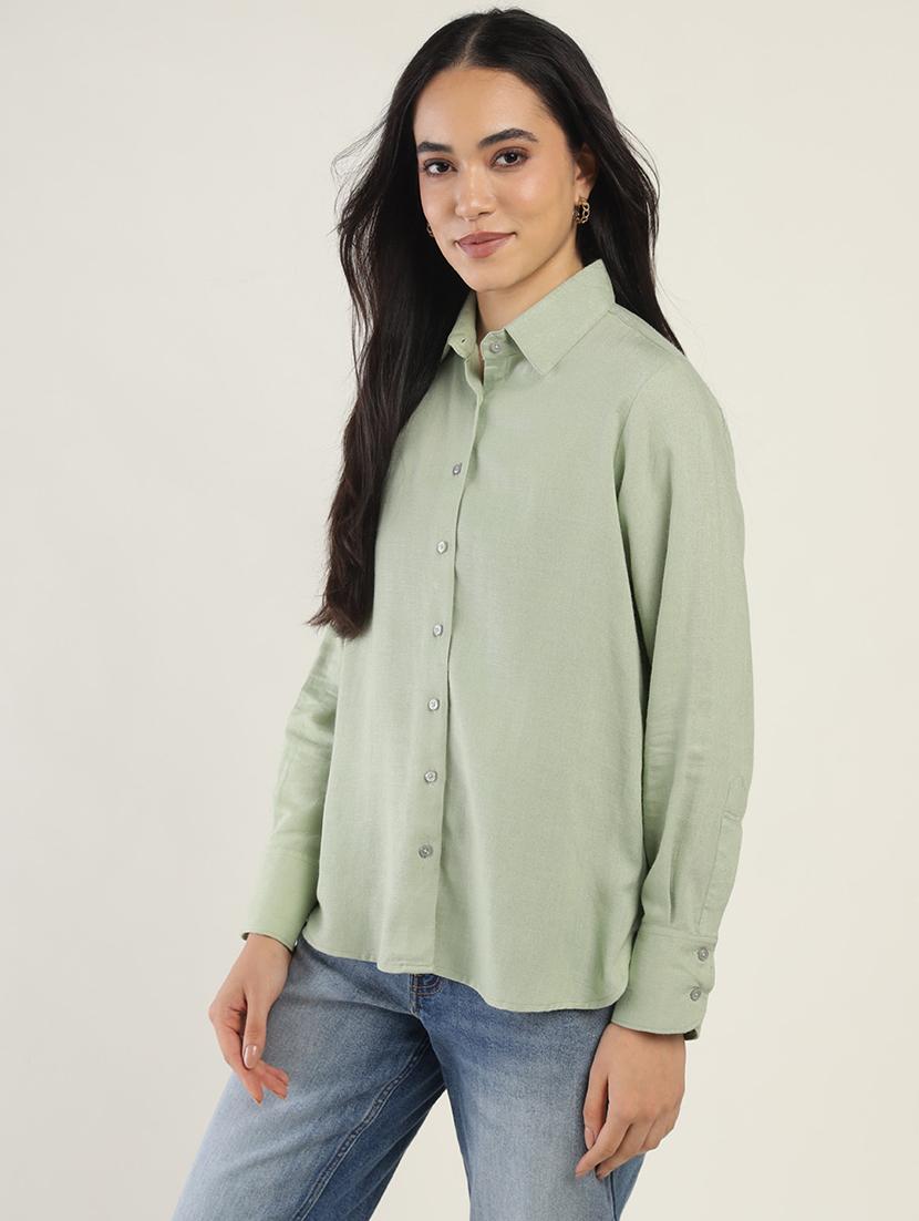 women solid collared long sleeve shirt - 22038876 -  Standard Image - 1