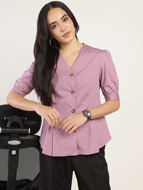 women mauve solid puff sleeve shirt - 22038877 -  Standard Image - 0