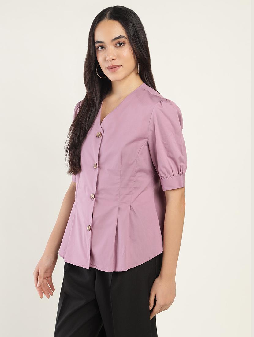 women mauve solid puff sleeve shirt - 22038877 -  Standard Image - 1