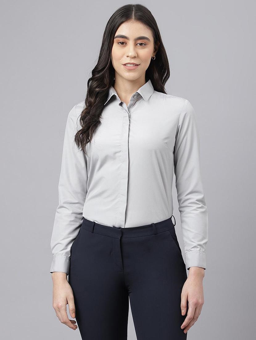 women solid collared long sleeve shirt - 22038879 -  Standard Image - 1