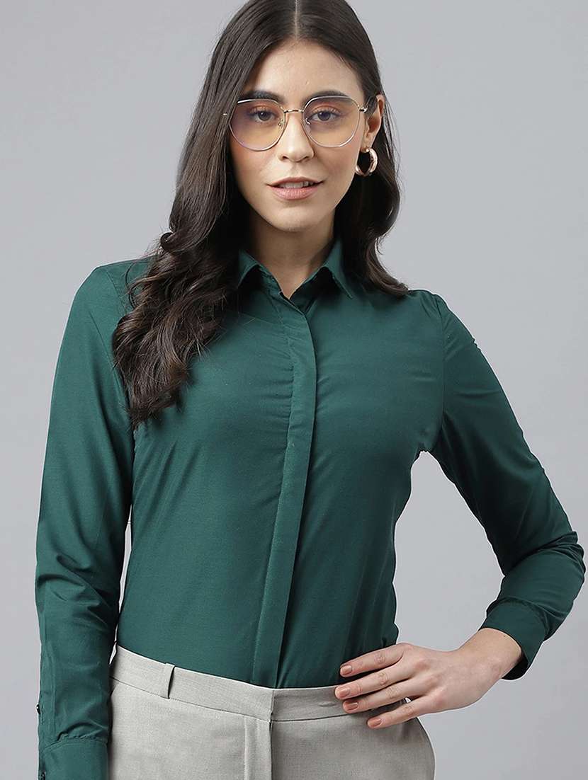women solid collared long sleeve shirt - 22038880 -  Zoom Image - 0