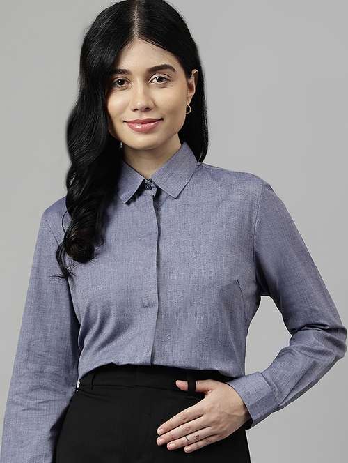 women solid collared long sleeve shirt - 22038888 - Standard Image - 0
