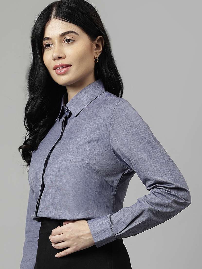 women solid collared long sleeve shirt - 22038888 - Standard Image - 1