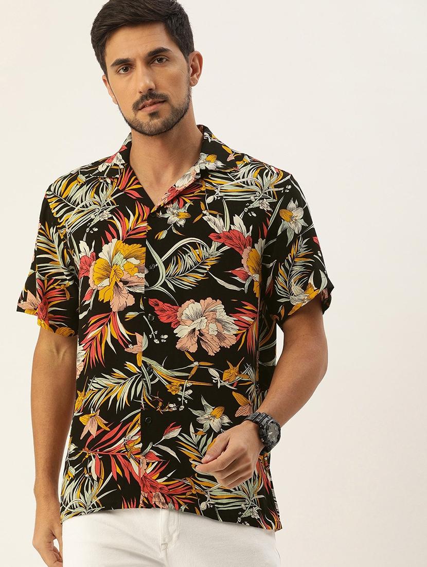 men printed cuban collared short sleeve shirt