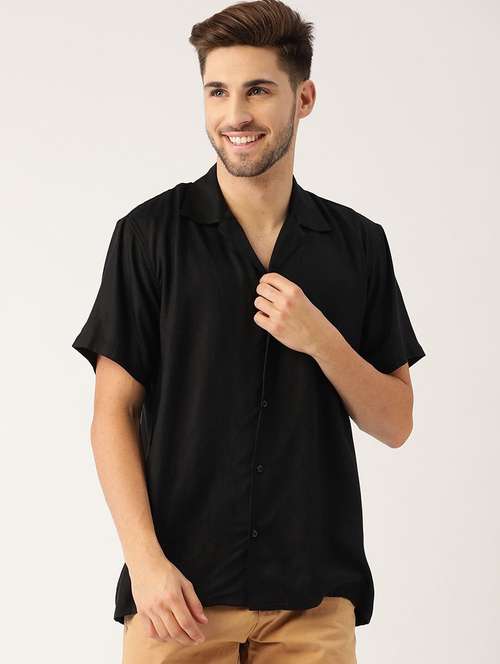 men solid cuban collared short sleeve loose fit shirt - 22038911 - Standard Image - 0
