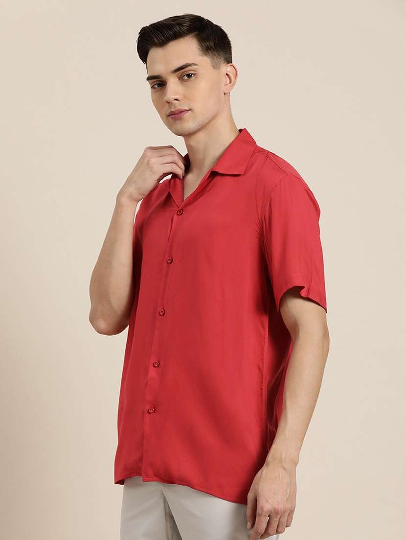 men solid cuban collared short sleeve loose fit shirt - 22038917 - Standard Image - 1