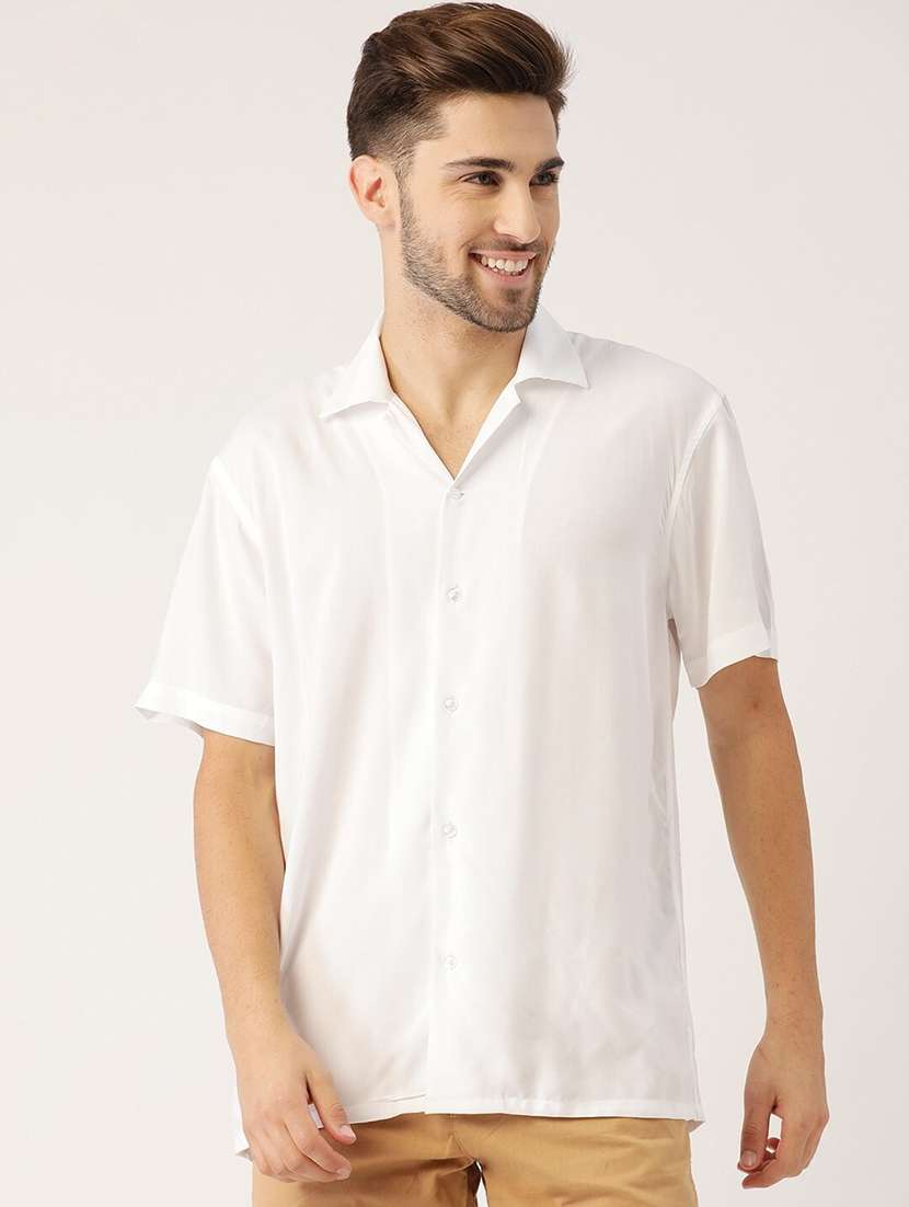 men solid cuban collared short sleeve loose fit shirt