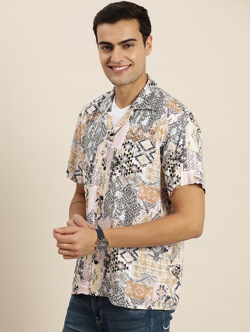 men printed cuban collared short sleeve loose fit shirt - 22038943 - Standard Image - 1