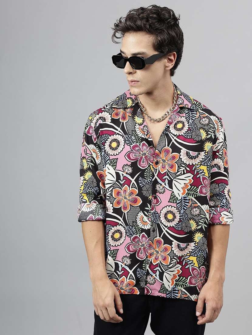 men printed cuban collared long sleeve shirt