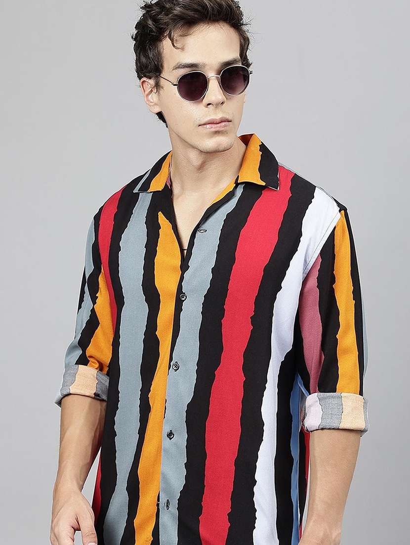 men printed cuban collared long sleeve shirt