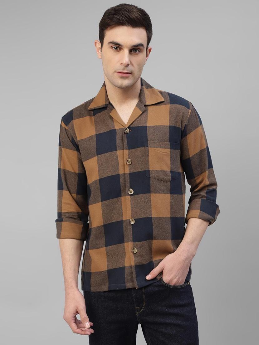 men checkered cuban collared long sleeve shirt - 22038970 -  Zoom Image - 0