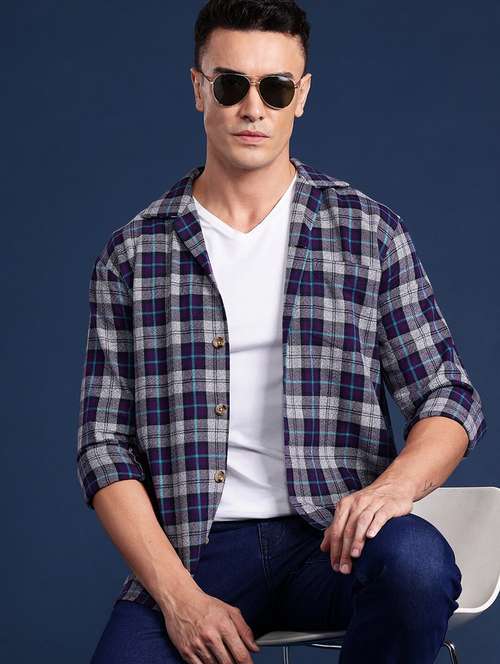 men checkered cuban collared long sleeve shirt - 22038989 -  Standard Image - 0