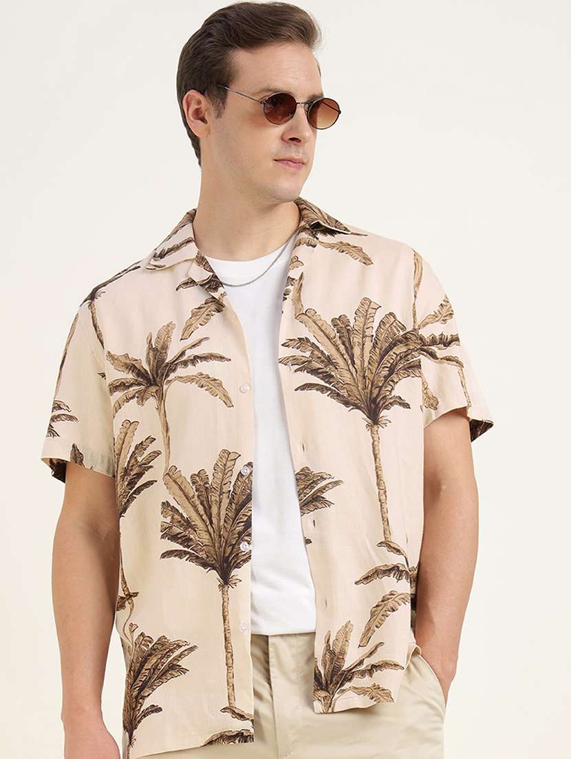 men printed cuban collared short sleeve shirt