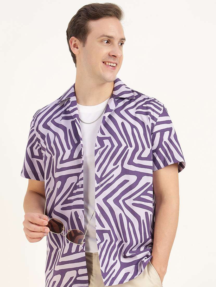 men printed cuban collared short sleeve shirt