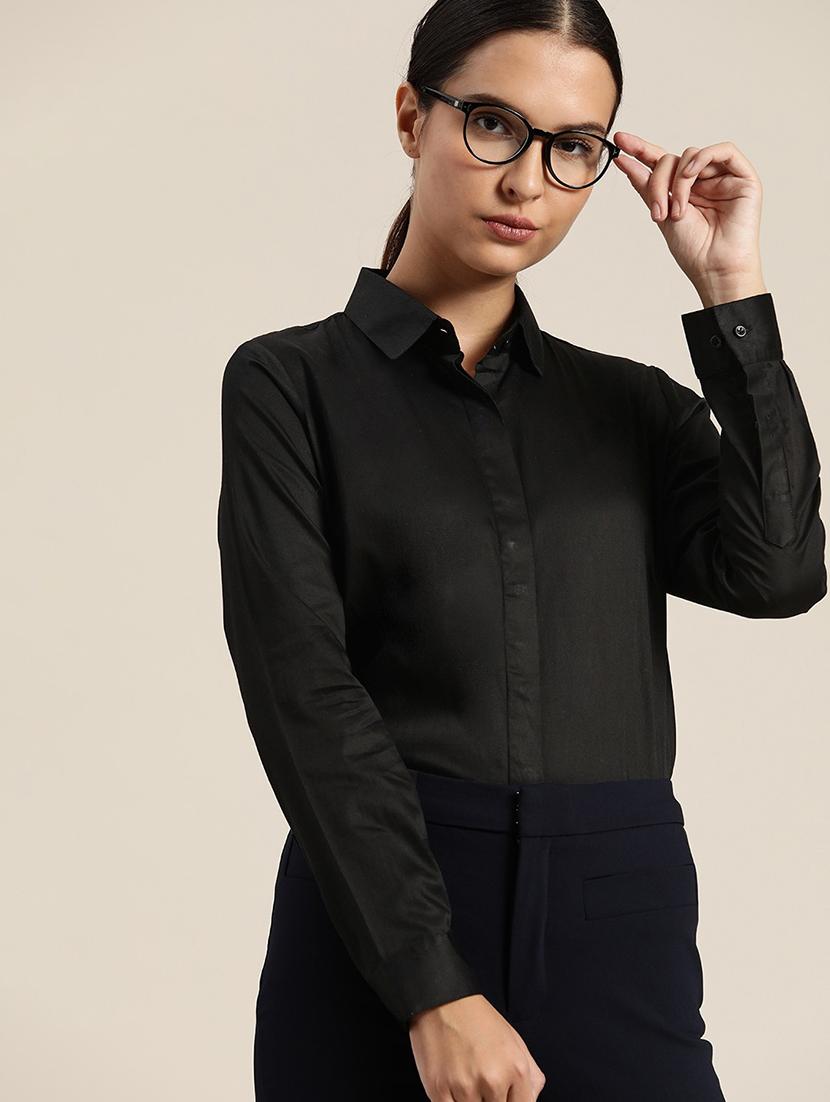 women black solid collared long sleeve shirt - 22039374 - Zoom Image - 0