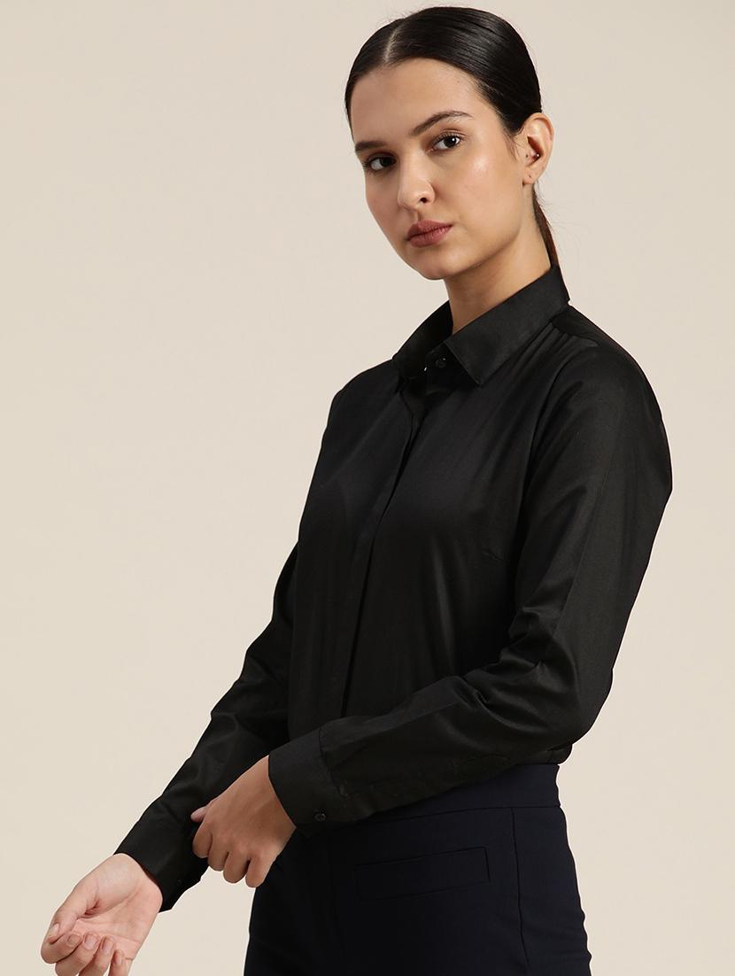 women black solid collared long sleeve shirt - 22039374 - Standard Image - 1