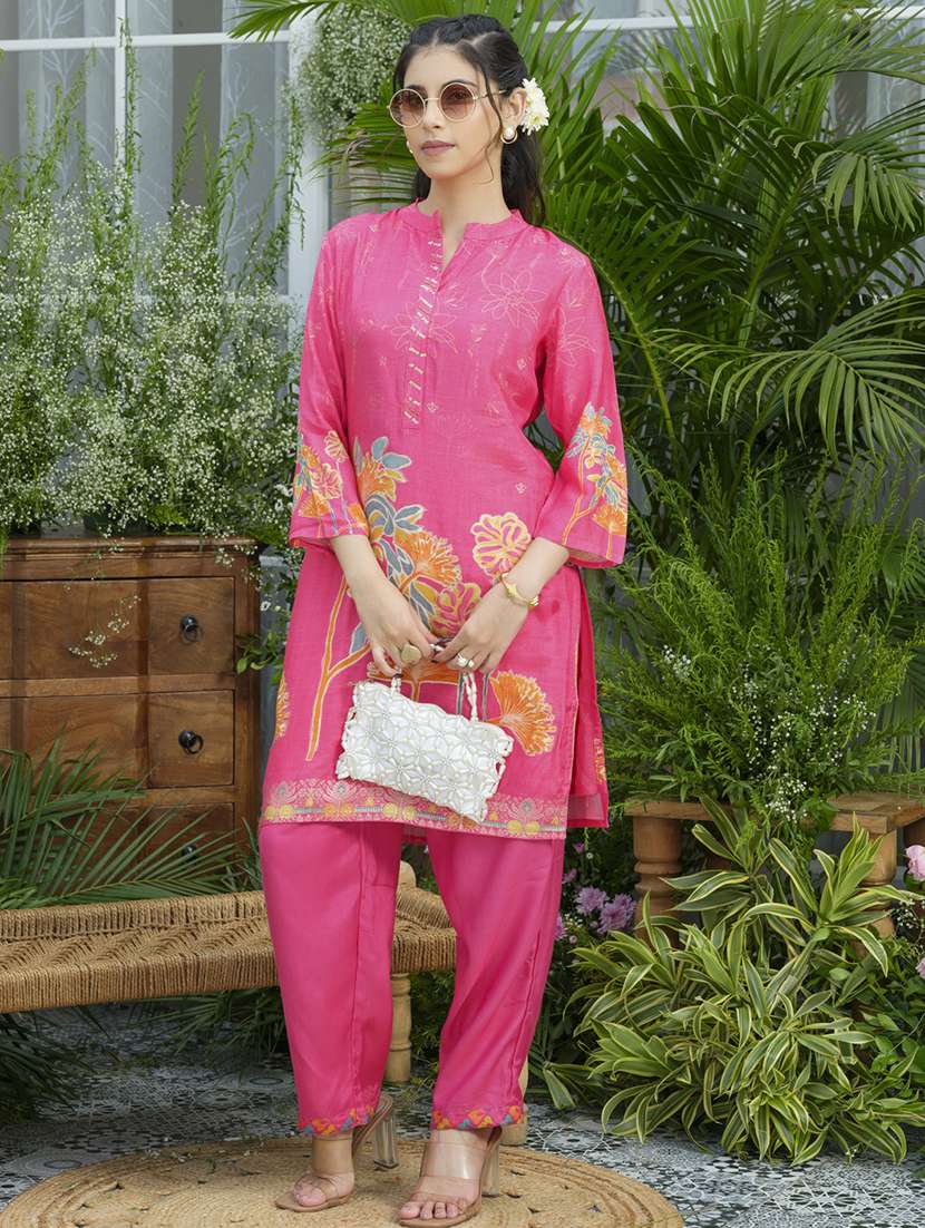 women floral print three quarter sleeve ethnic co-ord set