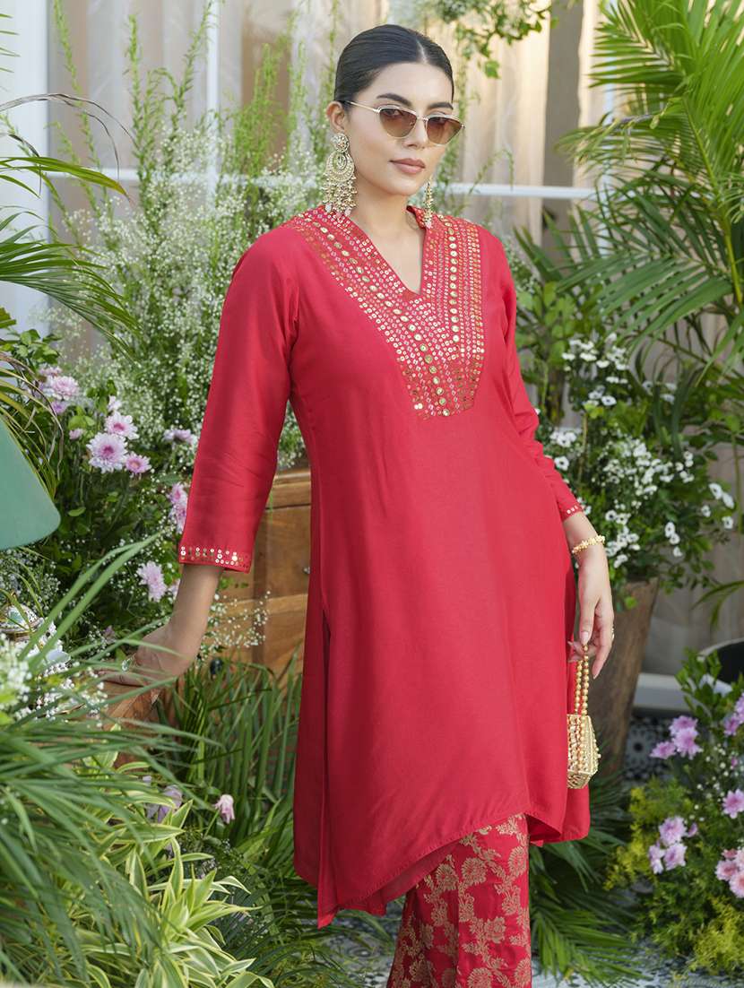 women embroidered three quarter sleeve ethnic co-ord set - 22039740 - Standard Image - 1