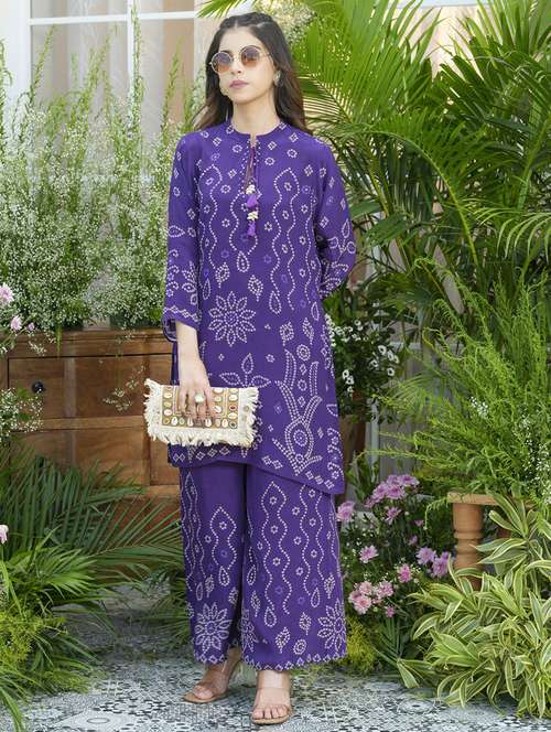 women printed three quarter sleeve ethnic co-ord set - 22039747 -  Standard Image - 0