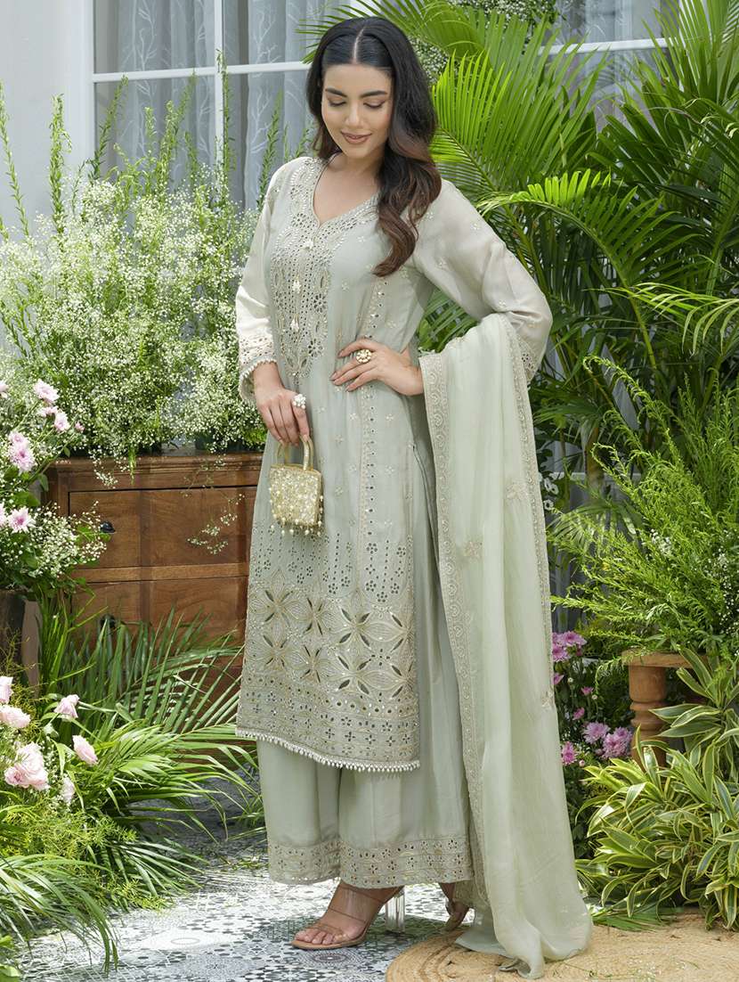 women embroidered kurta and palazzo with dupatta set - 22039764 -  Standard Image - 1