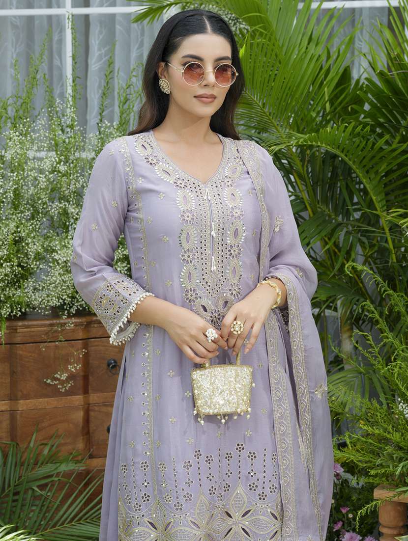 women embroidered kurta and palazzo with dupatta set - 22039766 -  Standard Image - 1