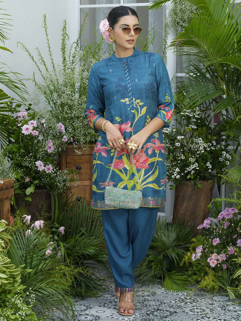 women floral print three quarter sleeve ethnic co-ord set