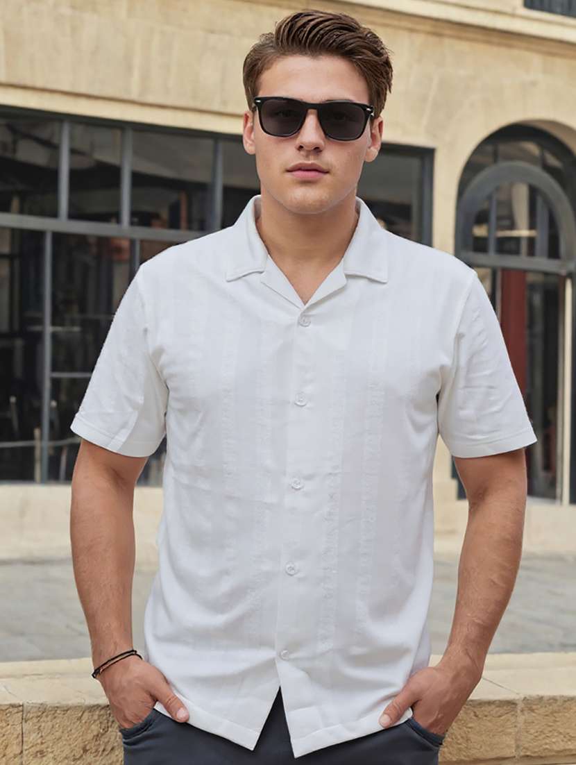 men solid cuban collar loose fit shirt
