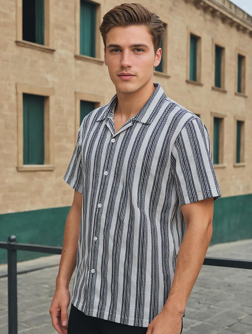 men striped cuban collared loose fit shirt - 22039806 - Standard Image - 1
