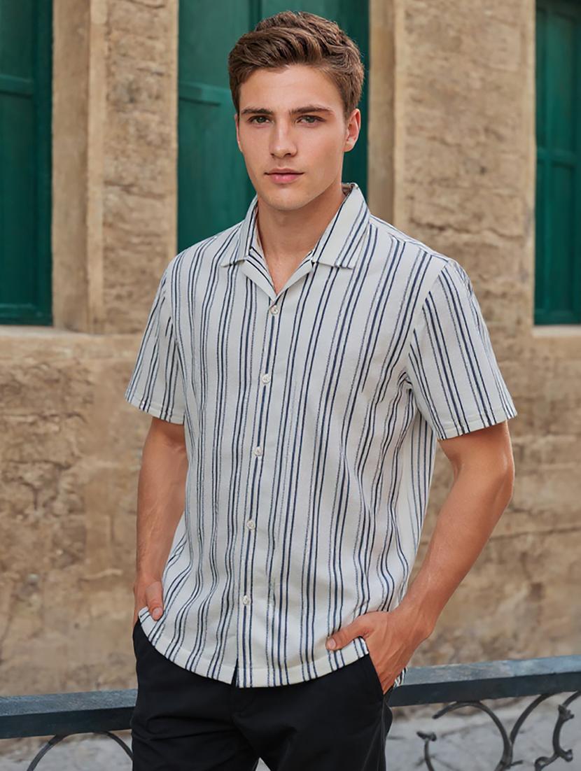 men striped cuban collared loose fit shirt - 22039807 - Standard Image - 1