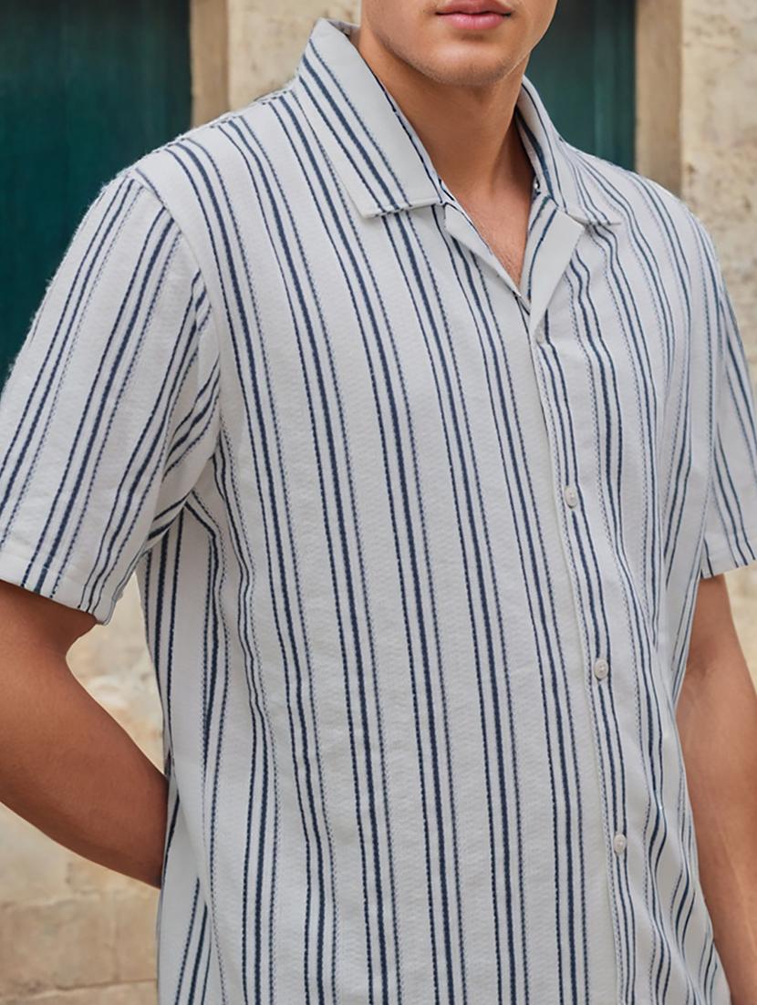 men striped cuban collared loose fit shirt - 22039807 - Standard Image - 4