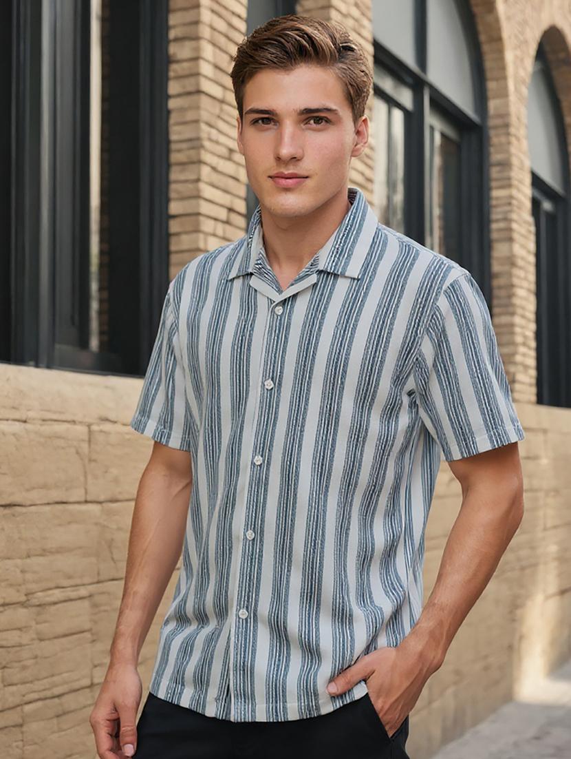 men striped cuban collared loose fit shirt - 22039808 - Standard Image - 1