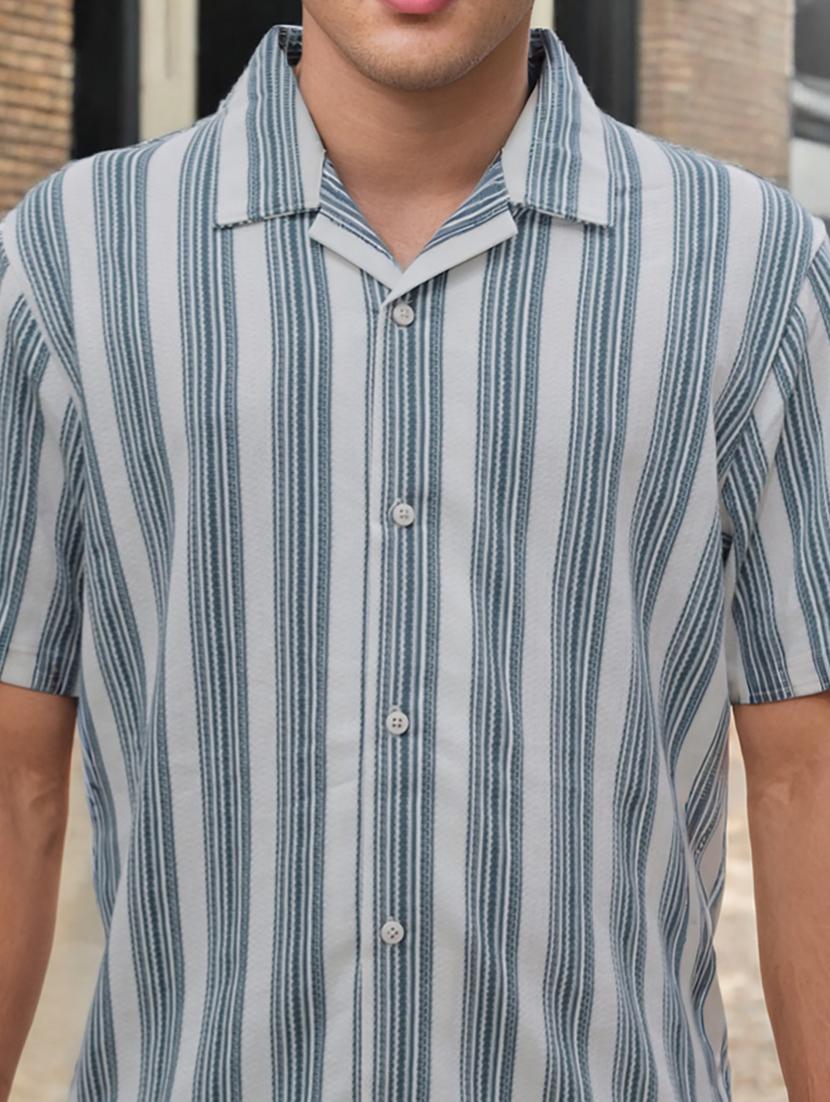 men striped cuban collared loose fit shirt - 22039808 - Standard Image - 4