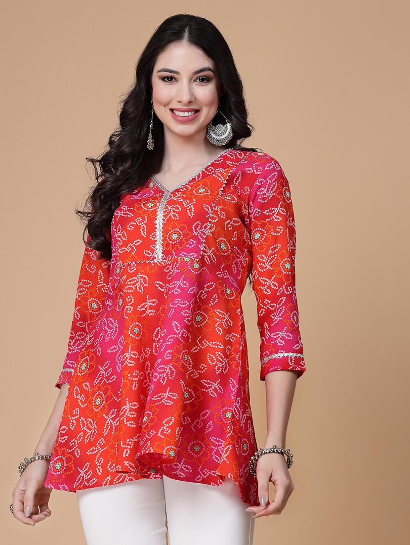 women printed three quarter sleeve flared kurti - 22039811 -  Standard Image - 1