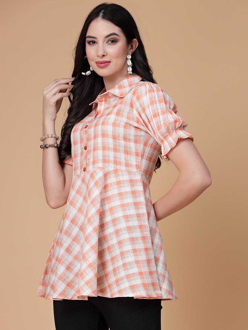 women checkered puff sleeve peplum top - 22039812 -  Standard Image - 1
