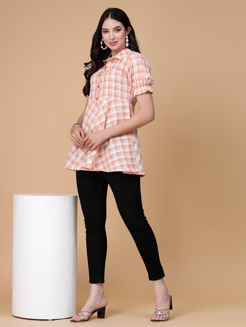 women checkered puff sleeve peplum top - 22039812 - Standard Image - 4