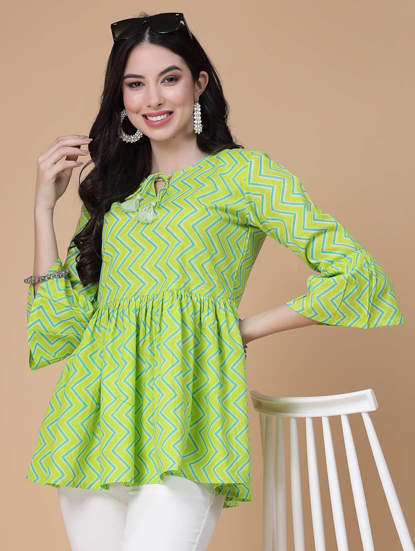 women printed three quarter sleeve flared kurti