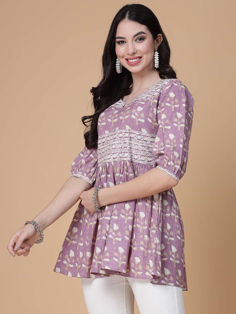women printed three quarter sleeve flared kurti - 22039819 -  Standard Image - 1