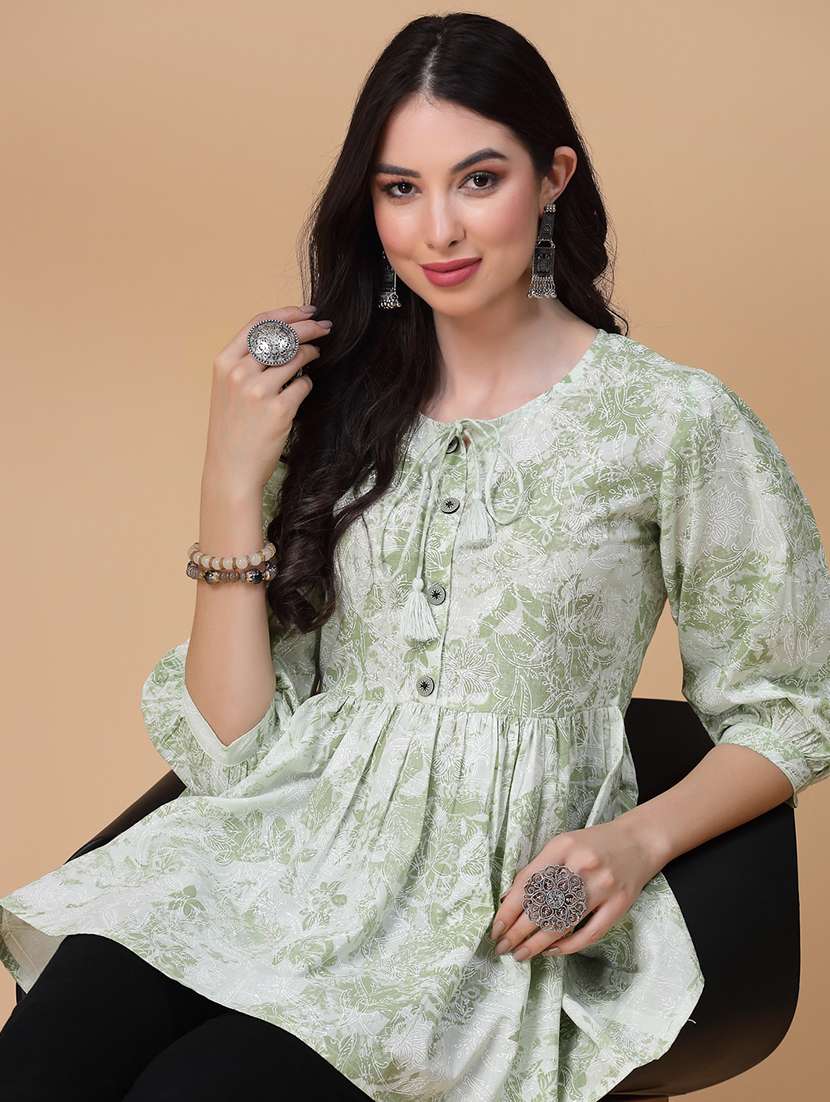 women printed three quarter sleeve flared kurti