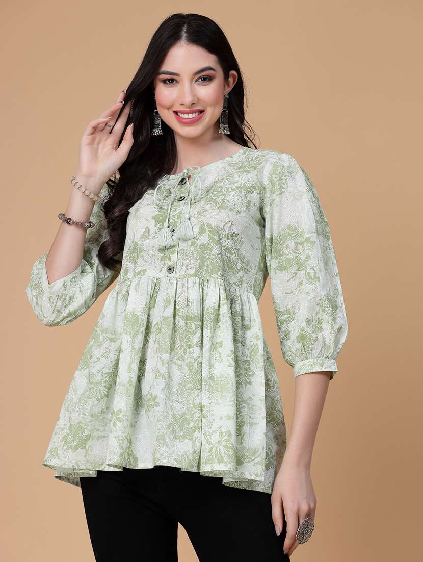 women printed three quarter sleeve flared kurti - 22039821 - Standard Image - 1