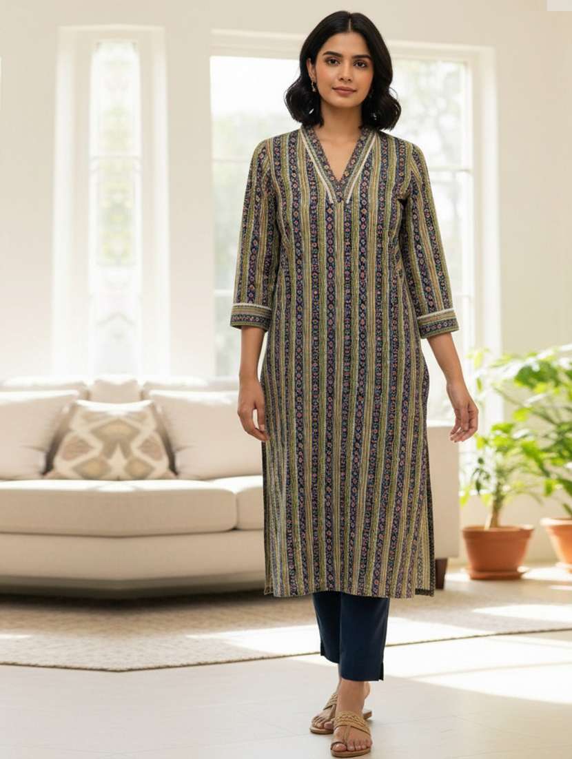 women printed three quarter sleeve a-line kurta