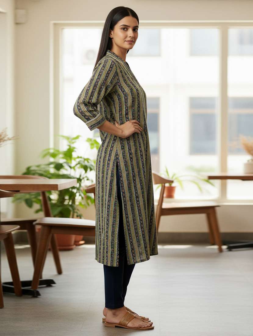 women printed three quarter sleeve a-line kurta - 22039978 -  Standard Image - 1