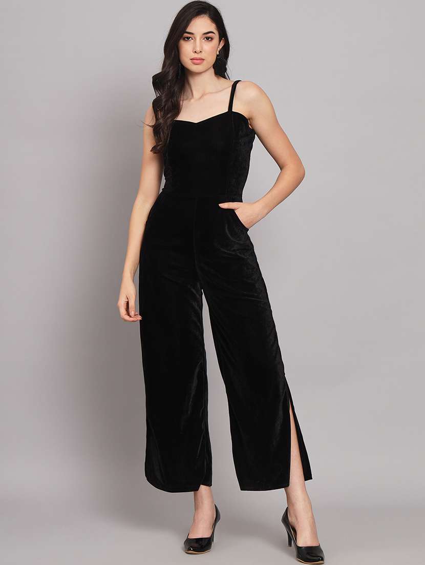 women solid shoulder strap velvet jumpsuit - 22040463 - Standard Image - 1