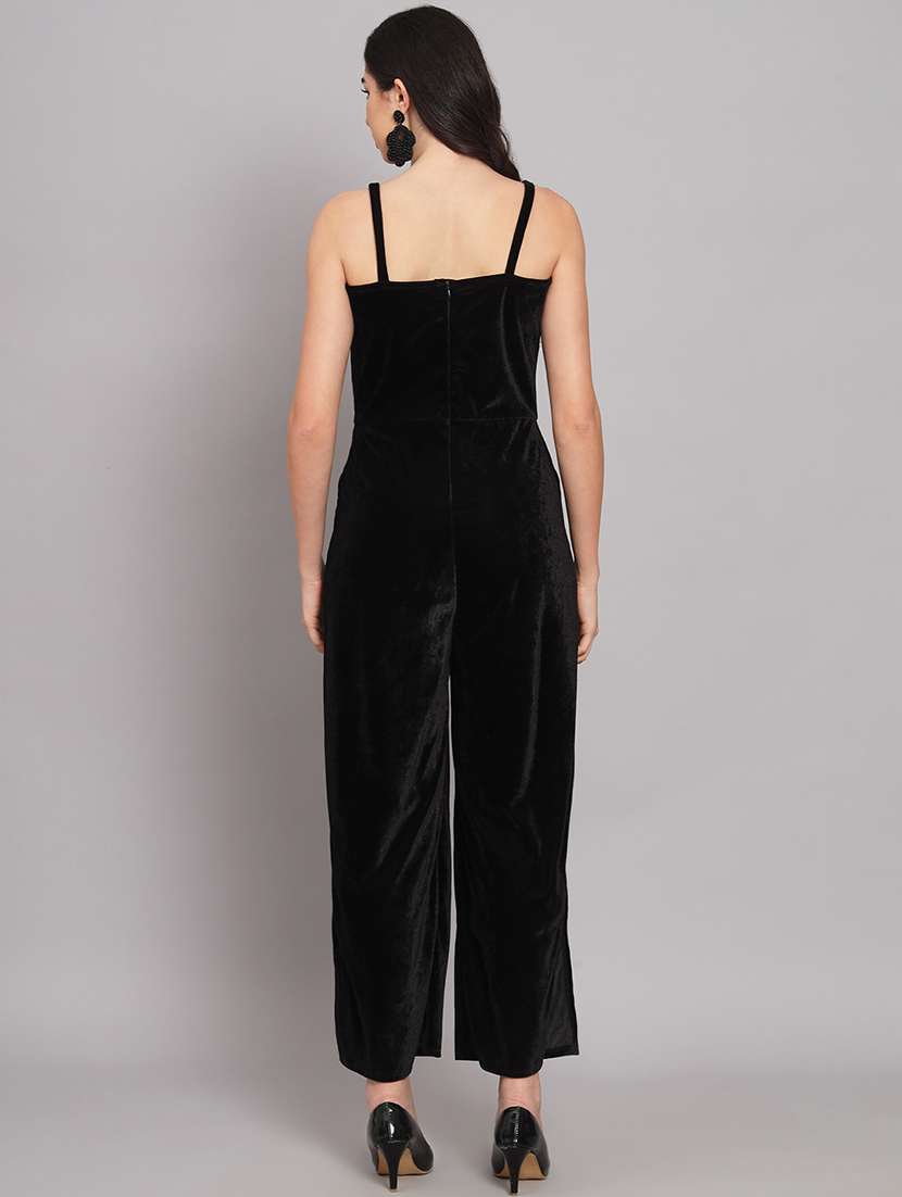 women solid shoulder strap velvet jumpsuit - 22040463 - Standard Image - 4
