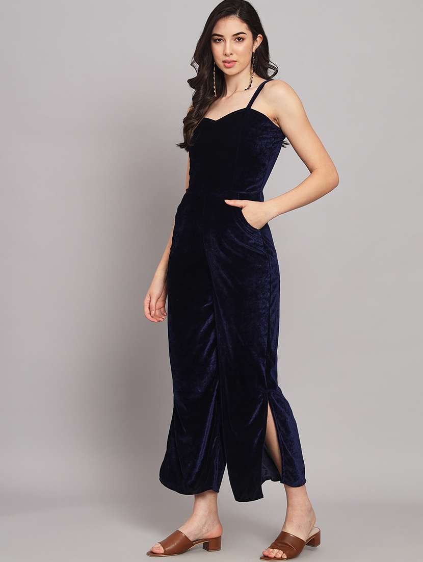 women solid shoulder strap velvet jumpsuit - 22040464 - Standard Image - 1